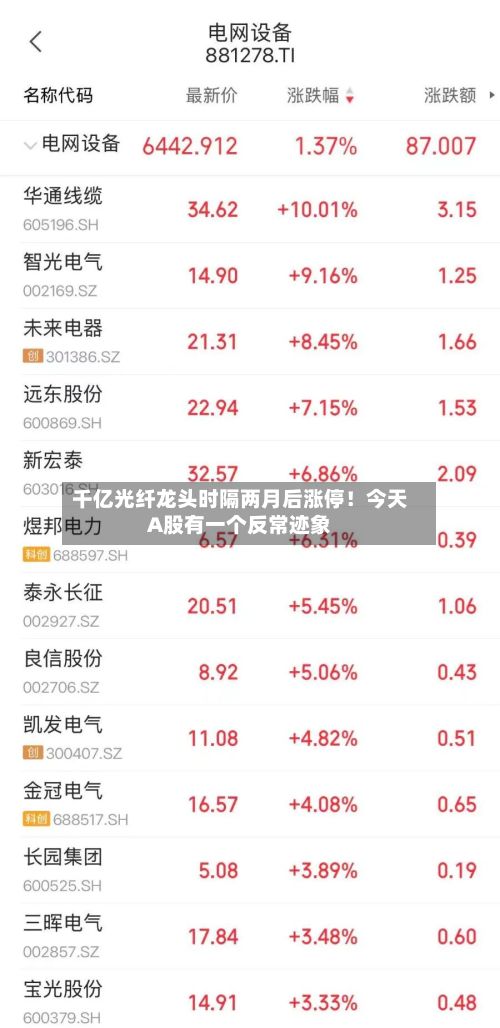 千亿光纤龙头时隔两月后涨停！今天A股有一个反常迹象