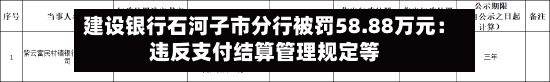 建设银行石河子市分行被罚58.88万元：违反支付结算管理规定等